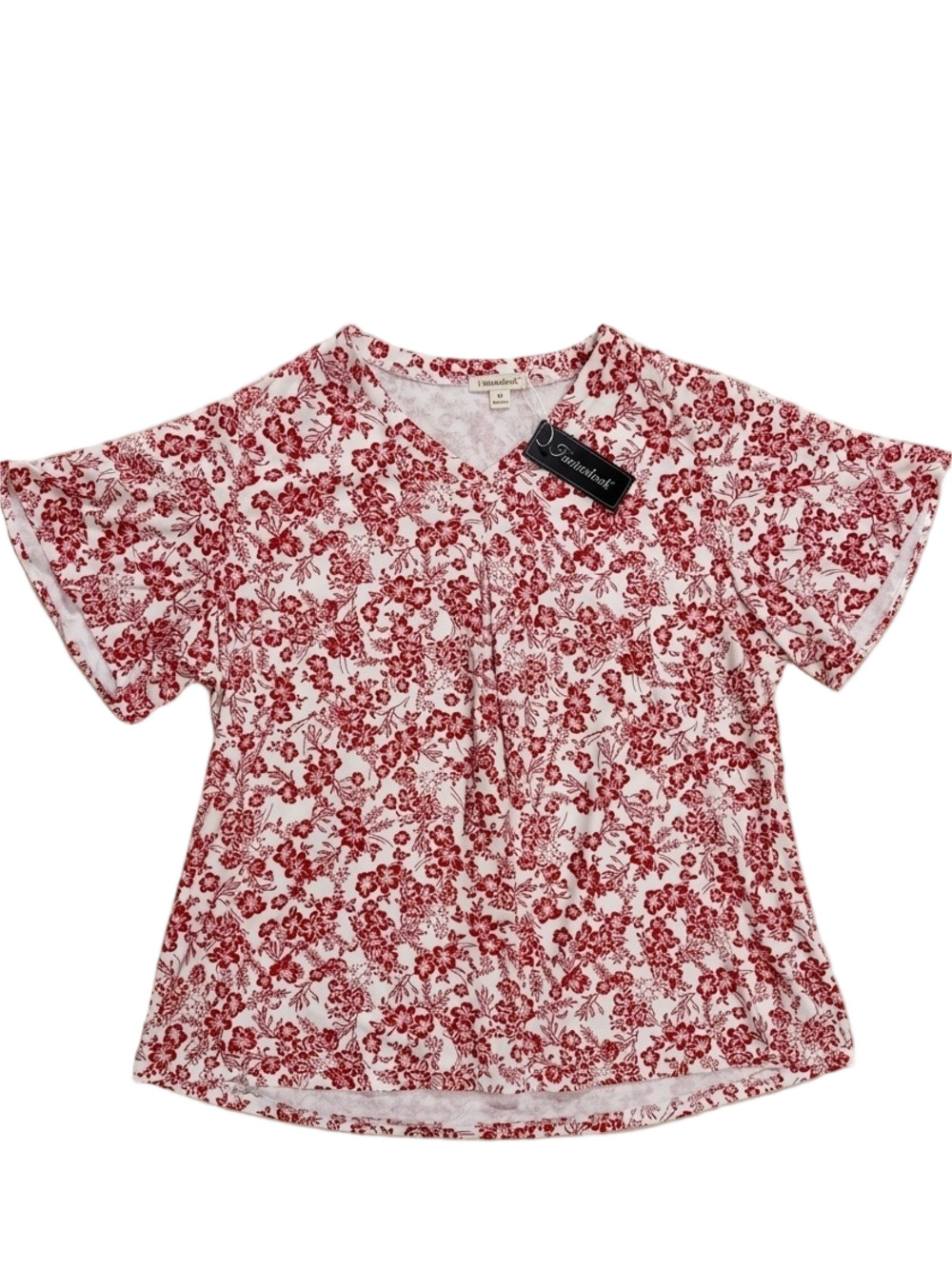 Fantaslook Floral Tunic Blouse Red White V Neck Flutter Sleeve Top Plus Size 2XL